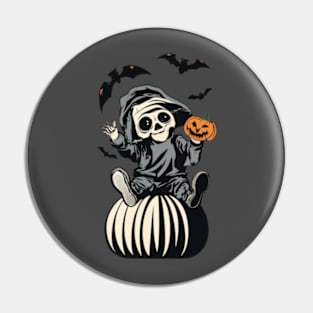 “Skeleton with Jack-O-Lantern and Bats Pin