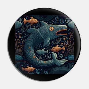 Sea Faring Sea Monster Surrounded by Shoal and Shimmering Seaweed 1 Pin