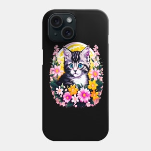 Black and Grey Kitten Surrounded by Spring Flowers Phone Case