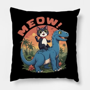 Tuxedo Cat on a Dinosaur Funny Gift Pillow