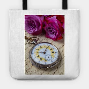 Old Pocket Watch And Red Purple Roses Tote