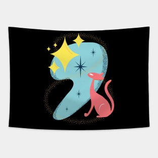 Atomic Stargazing Cat in Mid Century Modern Style Tapestry