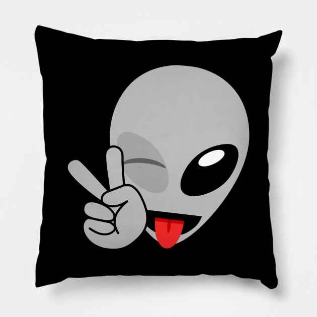 Alien Wink Peace Tongue Emoji Pillow by SpaceAlienTees