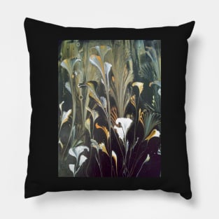 Gold and White Abstract Flowers on Black Pillow