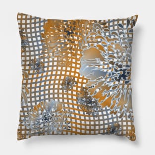 Mums on Wavy Weave in Gold and Grey Blue on White Pillow