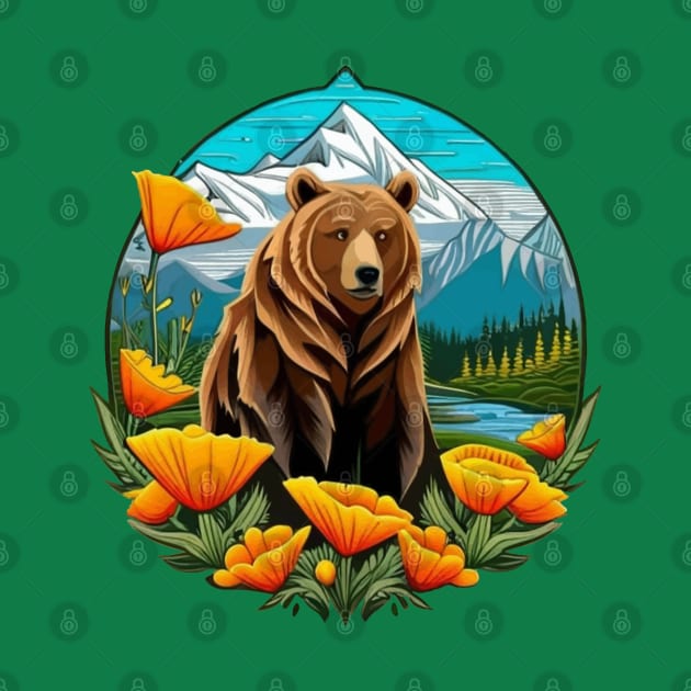 Bear In Mountain Landscape Surrounded By Orange California Poppies by taiche