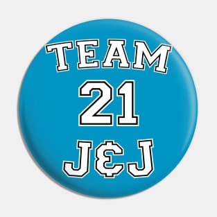 Vaccine pride: Team J&J (white college jersey typeface with black outline) Pin