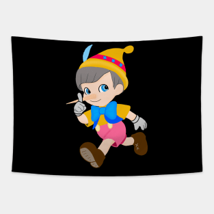 Drawing of a boy dressed like the cartoon Pinocchio, running fun. Tapestry