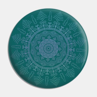 Floral Mandala in Green, Purple and Blue Tones on Teal Pin