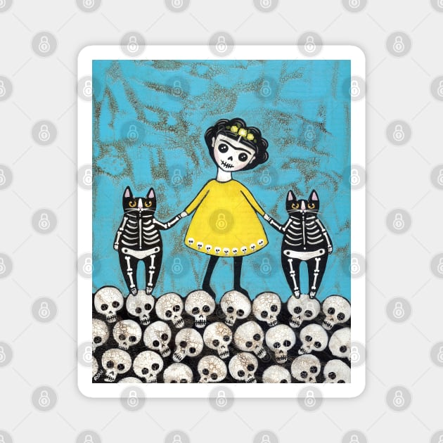 Yellow Skellie Cats Day of the Dead Magnet by KilkennyCat Art