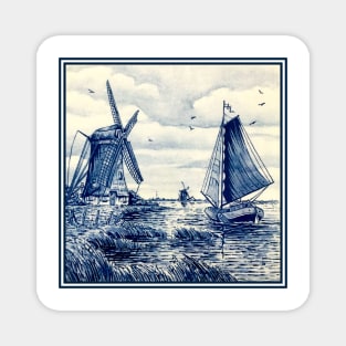 Dutch Blue Delft Windmills and Sailboat Magnet