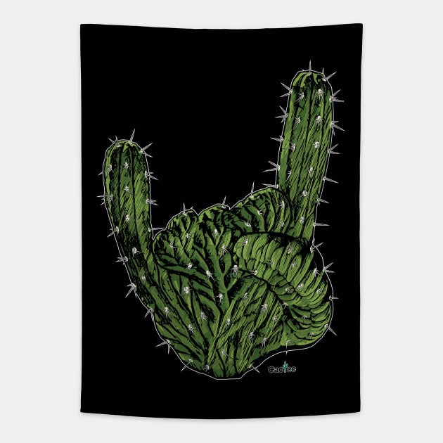 Rock on Cactus Hand 'The Sign of the Horns' Tapestry by Cactee