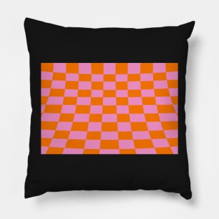 Warped perspective coloured checker board effect grid orange and pink Pillow