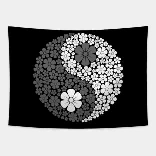 Grey and White Yin Yang Flowers Tapestry