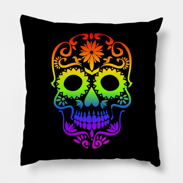 Rainbow Sugar Skull Halloween Day of The Dead Dia de Muertos Pillow by TwiztidInASense