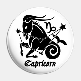 Capricorn - Zodiac Astrology Symbol with Constellation and Sea Goat Design (Black on White Variant) Pin