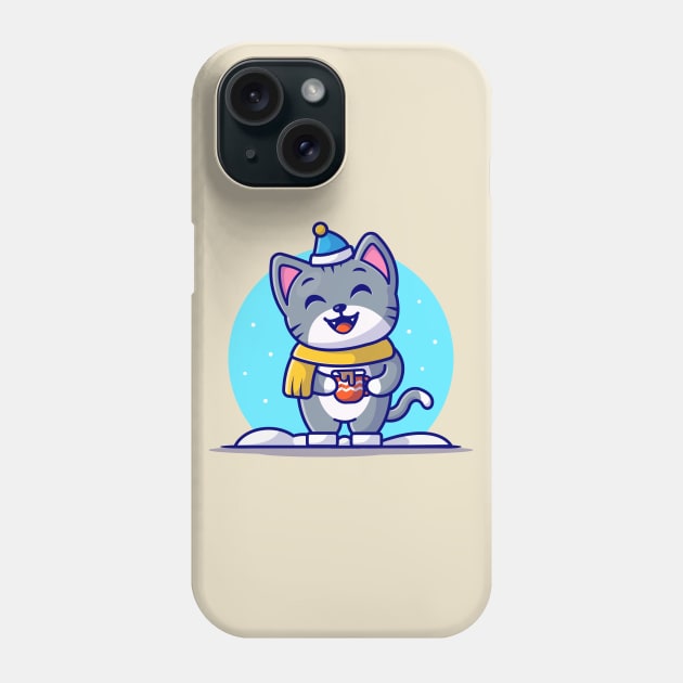 Cute Cat Holding Coffee In Snow Cartoon Vector Icon Illustration Phone Case by Catalyst Labs