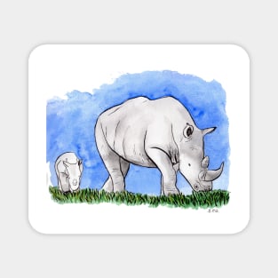 Rhinoceros with baby calf watercolor and ink illustration Magnet