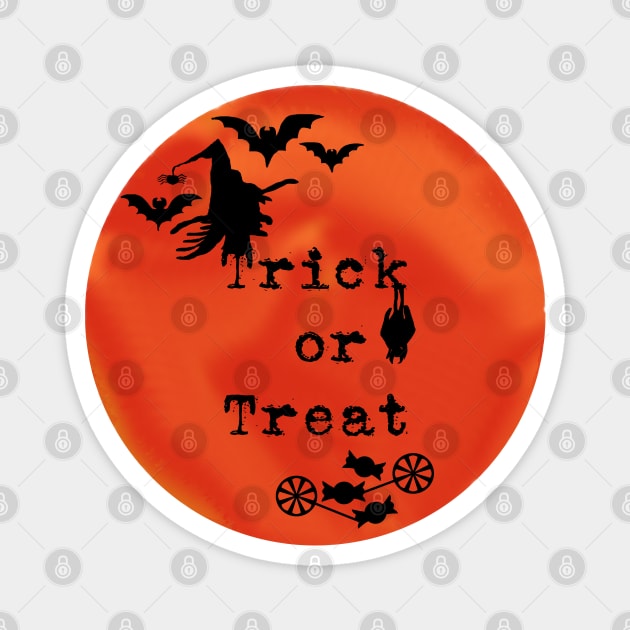 Trick or Treat _ Halloween Witch, Bats, Candy and Orange Moon Magnet by karenmcfarland13