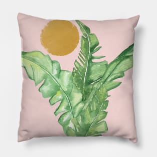 Tropical Banana Leaves And Sun On Pink Background Pillow