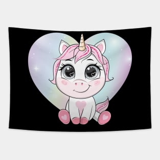 cartoon unicorn rainbow heart shape tshirt Tapestry