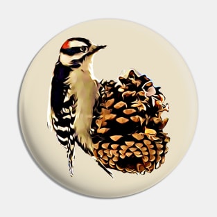 Downy Woodpecker on a Pinecone Pin