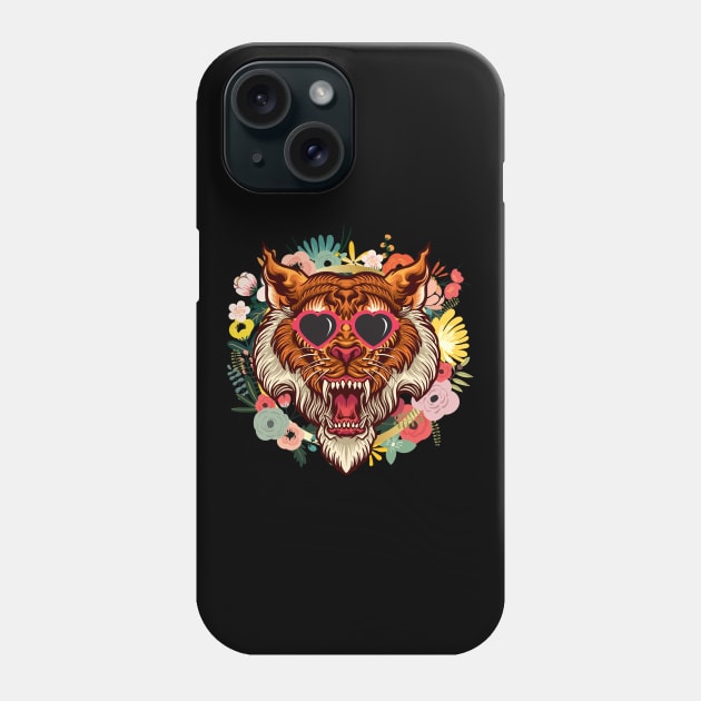 Tiger with Heart Sunglasses in a Flower Wreath Phone Case by nathalieaynie