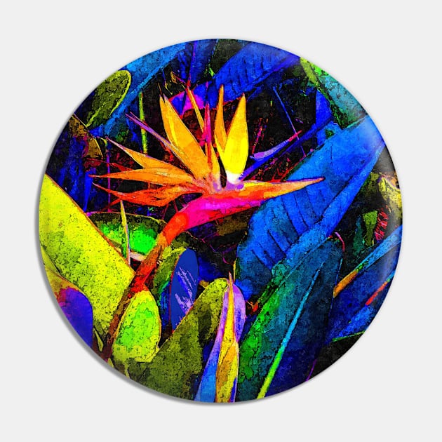 Colorful Bird of Paradise Flower and Leaves Painting Pin by oknoki