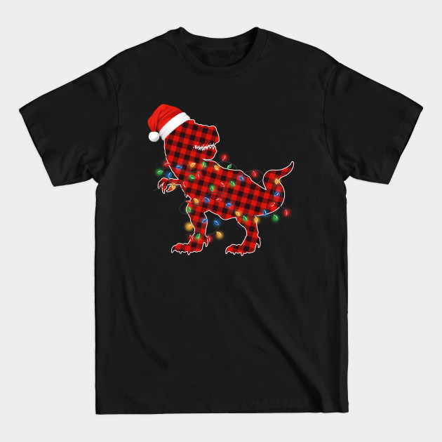 Disover Funny Dinosaur T Rex Wearing santa hat, christmas lights and red buffalo plaid - Dinosaur Santa Hat Christmas Gifts - T-Shirt