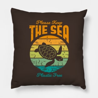 Please Keep the Sea Plastic Free - Retro Turtle Pillow