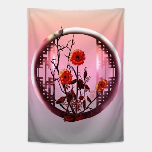 Pretty orange red ikebana watercolor chrysanthemums Tapestry