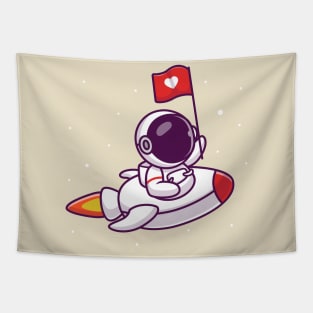 Cute Astronaut Riding Rocket With Love Flag Tapestry