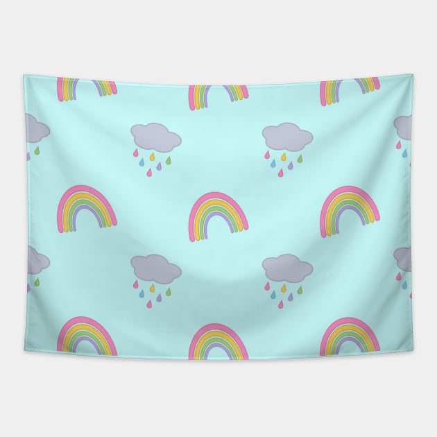 Rainbow and Rain Clouds Pattern in Blue Tapestry by Kelly Gigi