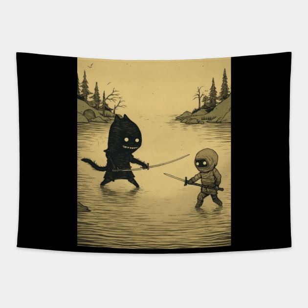 Chiaroscuro Ninja Duel: Sepia-Toned Moody Landscape Woodcut Tapestry by YUED