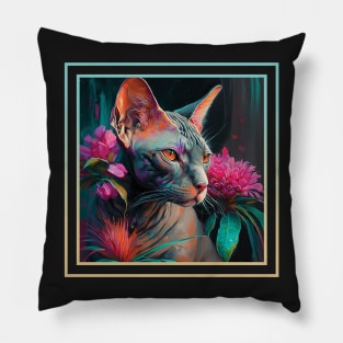 Seeking Sphynx Cat Vibrant Tropical Flower Digital Oil Painting Portrait Pillow