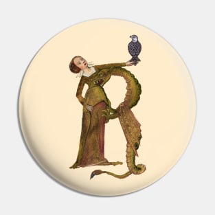 LADY DRAGON WITH FALCON R LETTER Medieval Miniature Pin