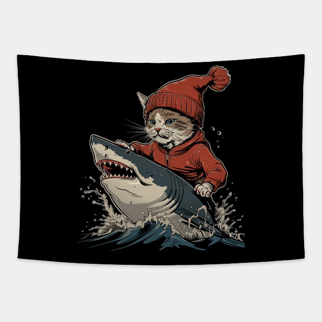 Cat Riding Shark Underwater Safari Tapestry by BilodeauBlue