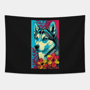 Husky Dog Vibrant Tropical Flower Tall Retro Vintage Digital Pop Art Portrait 2 Tapestry