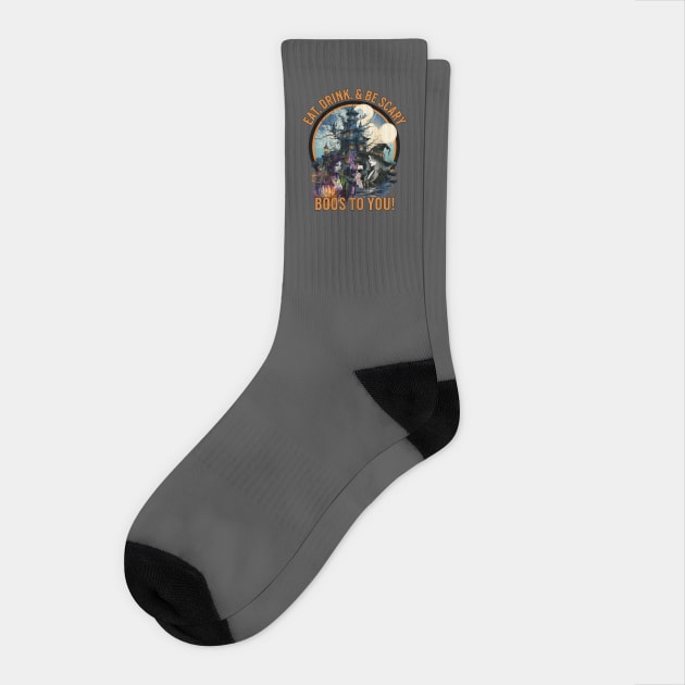 Eat, Drink, & Be Scary  Boos to You Witches Drinking Wine Halloween Socks by Joaddo