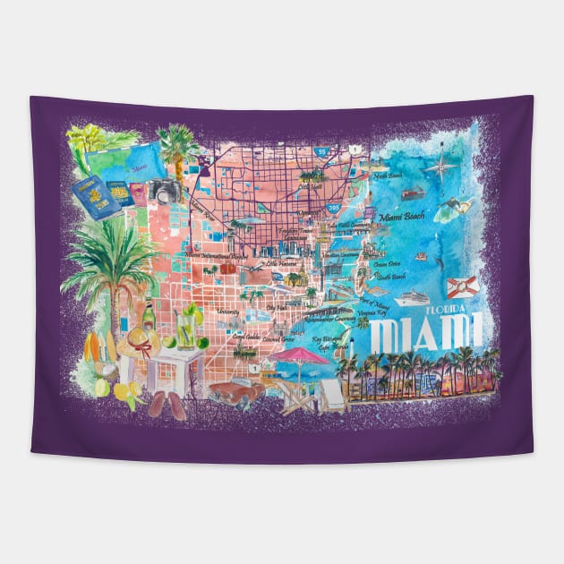 Miami Florida Illustrated Travel Map with Roads and Highlights Tapestry by artshop77