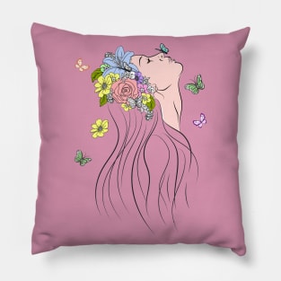 Woman with Spring Flowers and Butterflies Pillow