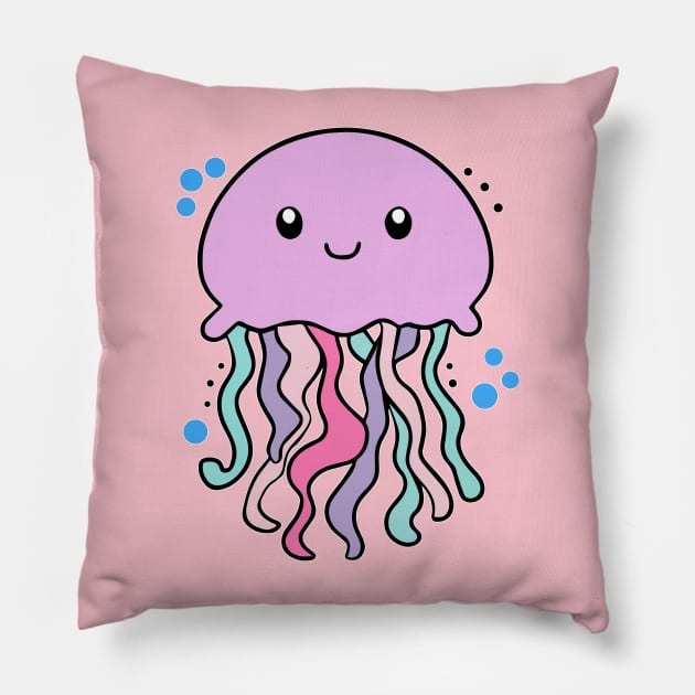 Happy smiling baby jellyfish with bubbles. Kawaii cartoon Pillow by SPJE Illustration Photography