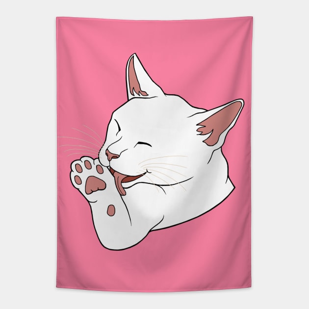 White Cat Licking their Toe Beans Tapestry by Art by Deborah Camp