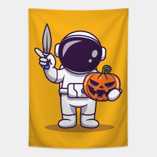 Cute Astronaut Holding Knife And Pumpkin Cartoon Tapestry