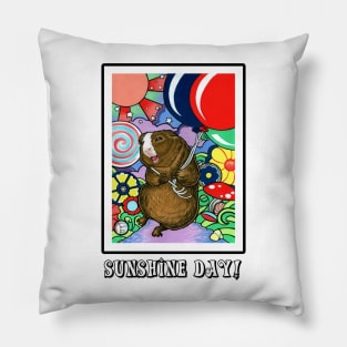 Happy Guinea Pig With Balloons - Sunshine Day - Black Outlined Version Pillow