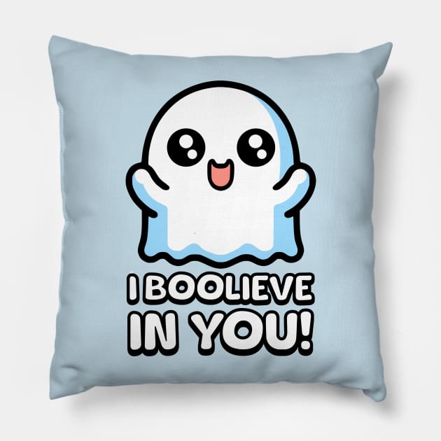 I Boolieve In You! Cute Motivational Ghost Pun Pillow by Cute And Punny