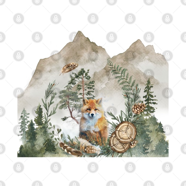 Mountain Forest Red Fox Watercolor by Bramblier