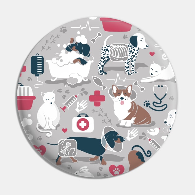 Veterinary medicine, happy and healthy friends // pattern // grey background red details navy blue white and brown cats dogs and other animals Pin by SelmaCardoso