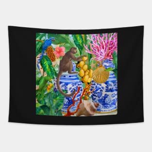 Monkey, parrots and chinoiserie jars in tropical forest Tapestry