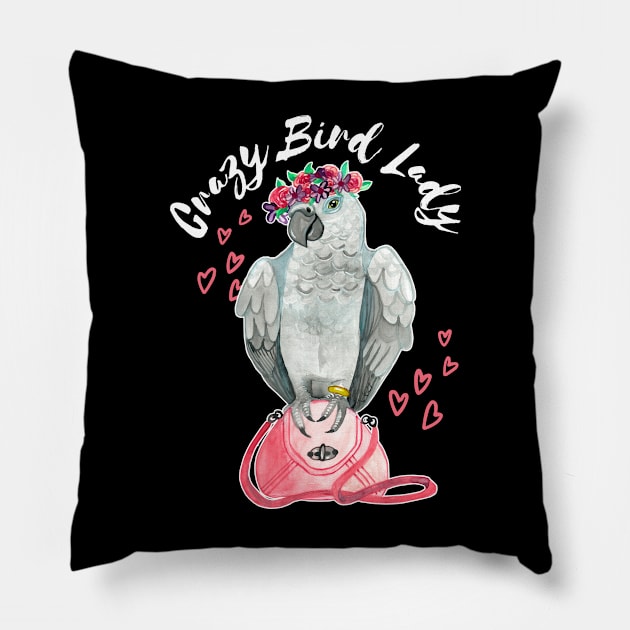 Crazy Bird Lady - African Grey Parrot Watercolor Pillow by IvyLilyArt